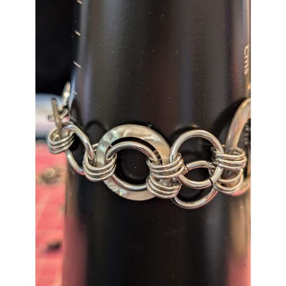 Faux Abalone Shell Silver Tone Chain Link Toggle Bracelet - Picture 4 of 6